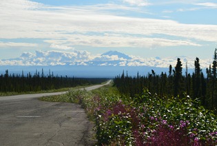 M t Drum in the center and Mt Wrangell on the right