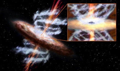 ilustração de buraco negro supermassivo em galáxia ativa