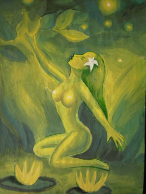 o superba femeie goala pe malul unui lac cu nuferi galbeni in tonuri de verde
