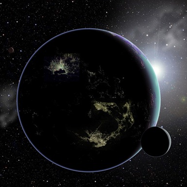 ilustração de um exoplaneta com luzes artificiais