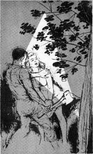 One of the illustrations by Dick Francis accompanying the original publication in Galaxy magazine of short story The Venus Trap by Evelyn E Smith. Image shows the jealous human woman trying to cut down the intelligent alien tree woman while her husband restrains her.