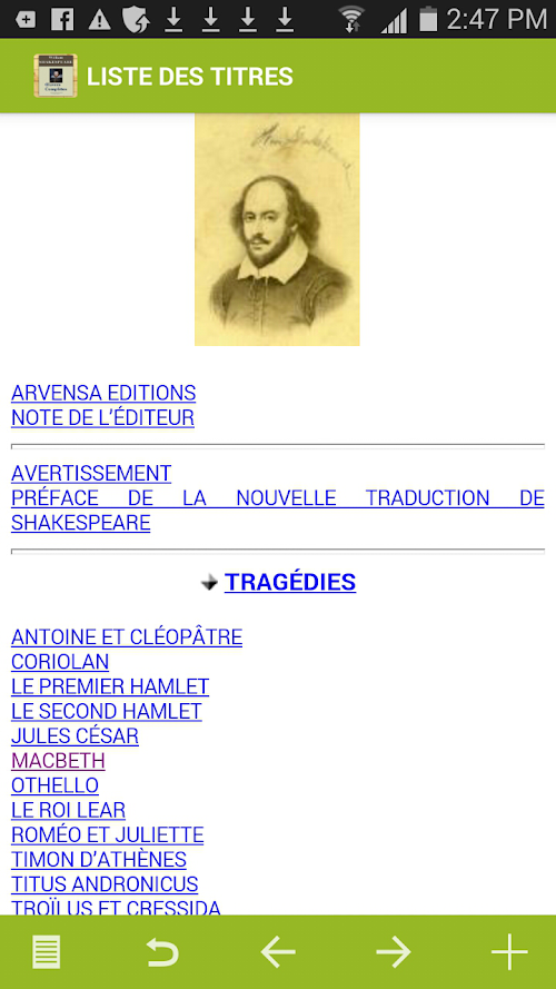 Android application Shakespeare : Oeuvres screenshort