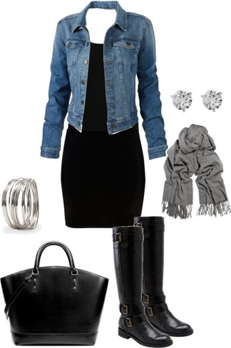 black dress jean jacket accessories combination of clothes fashion moda