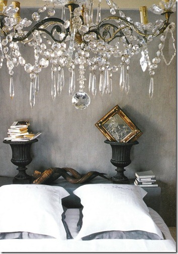 bedroom with gray plaster walls and crystal via pinterest