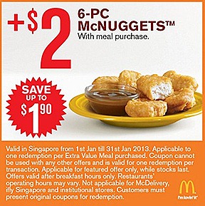 MCDONALDS OFFERS 2013 $2 McNugget 6 piece $3 McWings 4 piece $1 SUNDAE $2 FRIES DOUBLE McSPICY BURGER COKE  JANUARY COMBO MEAL DOUBLE FILET-O-FISH  BIG MAC MCNUGGET 9 PIECE $5 $2 Small Fries Extra Small Coke $1 for 2 Vanilla Cone
