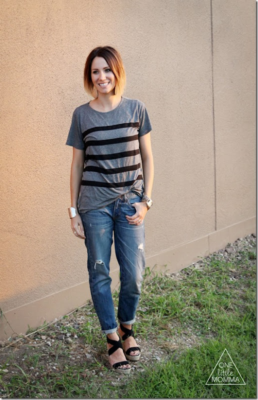 Boyfriend jeans styled with loose tee and wedges- easy and chic