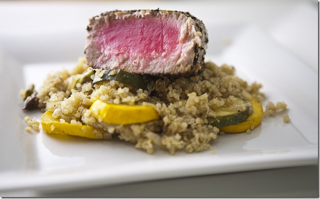 Toasted Fennel Crusted Tuna on a Bed of Spicy Summer Vegetable Quinoa
