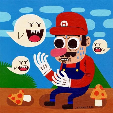 Mario, enjoado de sua dieta de cogumelos, sofre bullying dos Boo's...