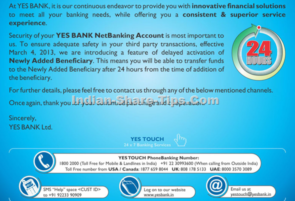 YES BANK NEWLY ADDED BENEFICIARY TIME FOR ACTIVATION