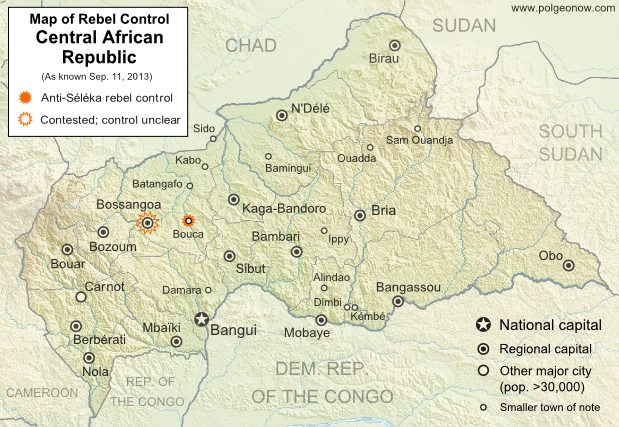 Map of 2013 counter-rebellion in the Central African Republic, showing current control by anti-Séléka (possibly pro-Bozizé) rebels as known on September 11, 2013.