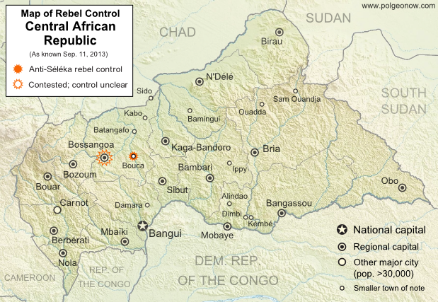 Map of control in the Central African Republic's anti-Seleka counter-rebellion, including towns of Bouca and Bossangoa