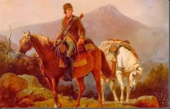 Squire Boone crossing the mountains with stores for his brother Daniel and brother-in-law John Stewart encamped in the wilds of Kentucky.