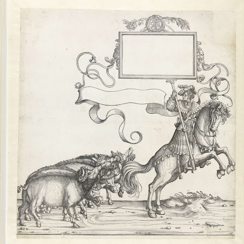 Vijf wilde zwijnen en standaarddrager te paard, Hans Burgkmair (I), 1483 1526 Rijksmuseum