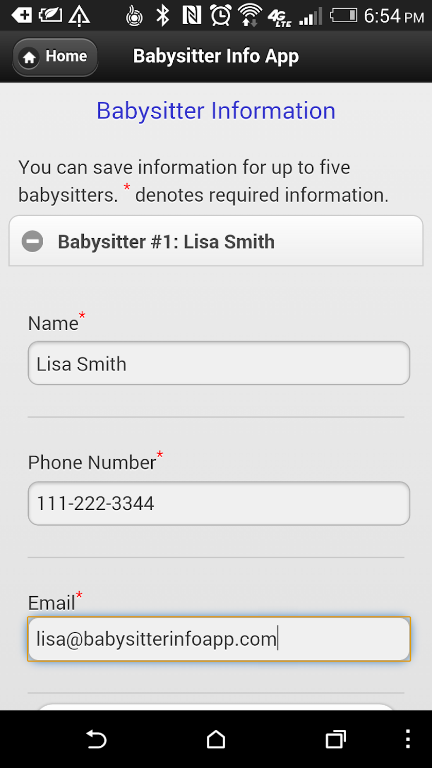 Babysitter Info App Screen 2