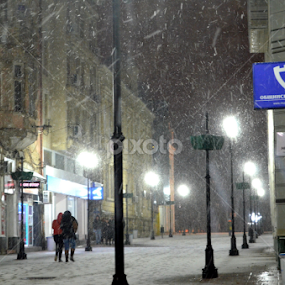 Winter Scene In The Town by Rumiana Doncheva - City,  Street & Park Street Scenes
