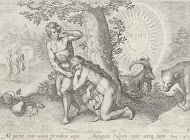 Adam en Eva verbergen zich voor God de Vader