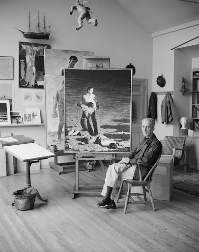 Norman Rockwell in his studio with "Murder in Mississippi"