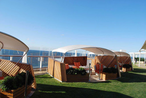 The Lawn Club, the half-acre lawn of real grass on Celebrity Silhouette and other Solstice-class ships, is now framed by the Alcoves,eight semi-private, shaded cabanas that can hold two to four guests who can enjoy a picnic basket lunch and wi-fi for $99 per day on days in port and $149 per day on sea days.