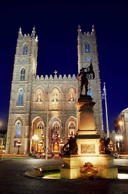 An evening view of Notre-Dame Basilica in Montreal. 