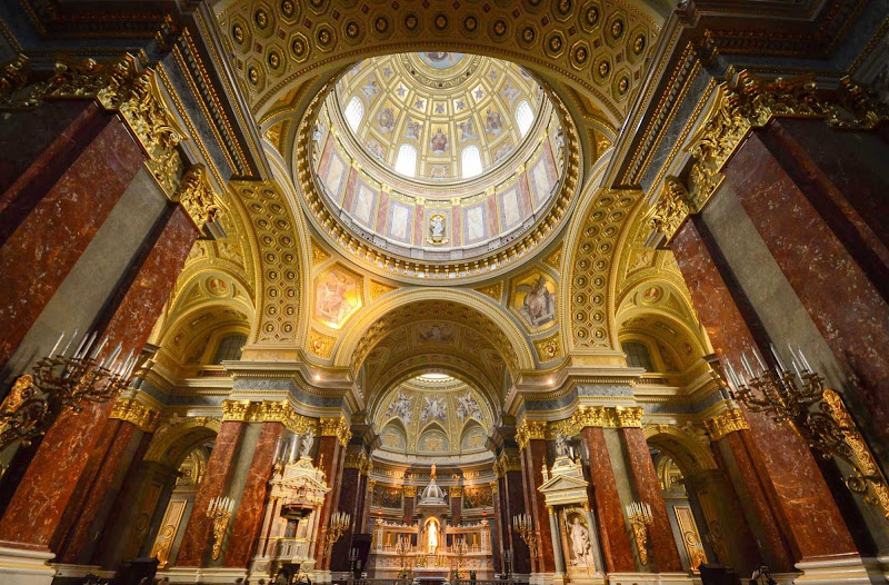 Inside ornate St. Stephen's Basilica in Budapest, Hungary. See it on a river cruise down the Danube.  