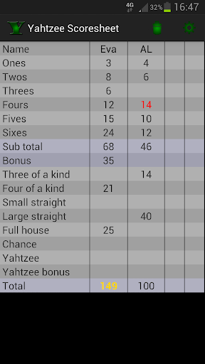 Yahtzee scoresheet