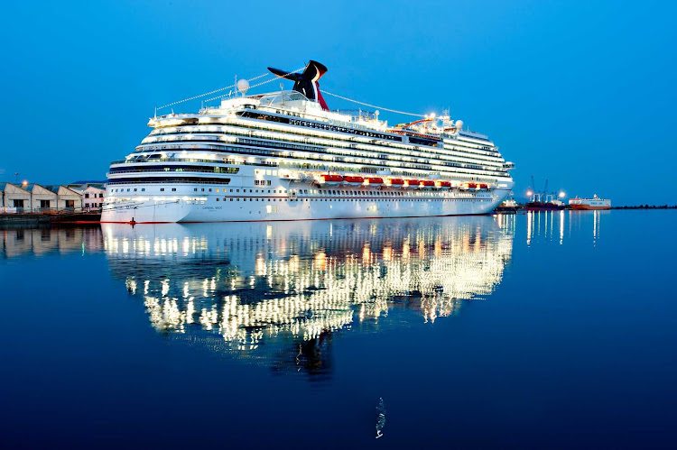 Carnival Magic docked on a quiet evening in Monfalcone, Italy. The ship now sails itineraries in the Caribbean. 