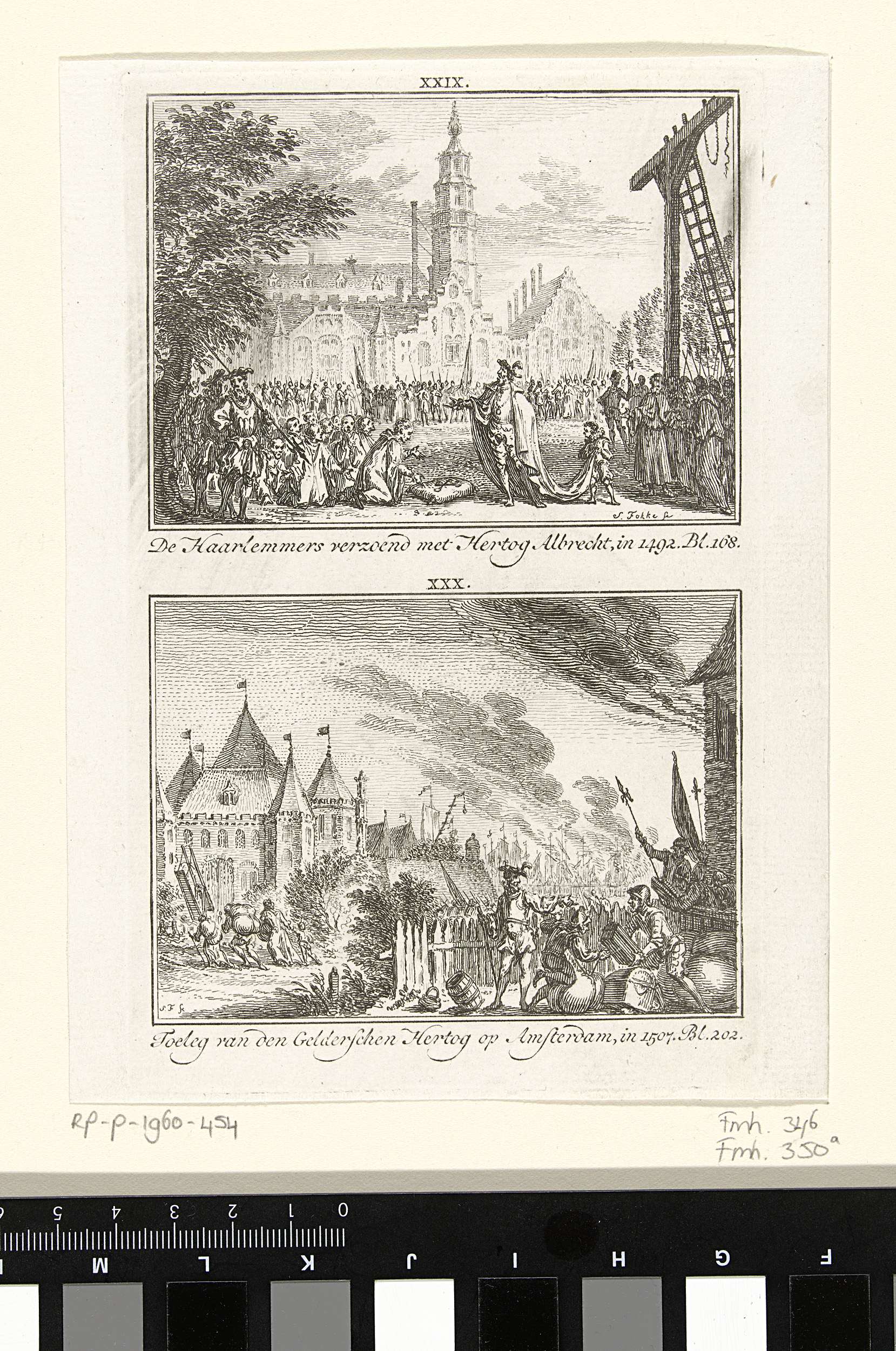 De Haarlemmers verzoenen zich met hertog Albrecht, 1492, en troepen Karel van Gelre buiten Amsterdam, 1507