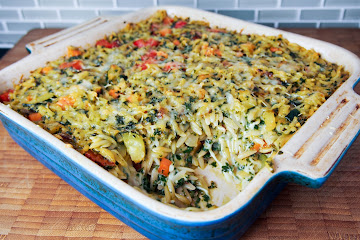 Creamy chard pesto baked orzo
