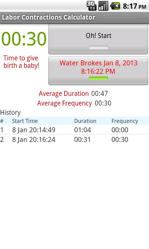 Labor Contractions Calculator Screen 3