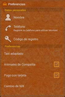 Ventana de MoviTaxi mostrando el perfil de usuario para registrar nombre y preferencias habituales para el servicio.