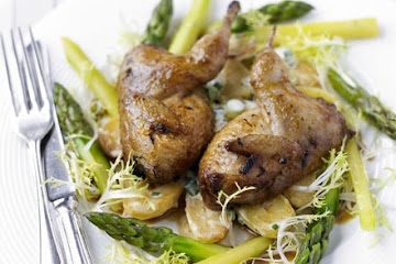 Roast & marinated quail with warm spring vegetable salad