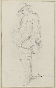 Staande man met hoed een draailier bespelend