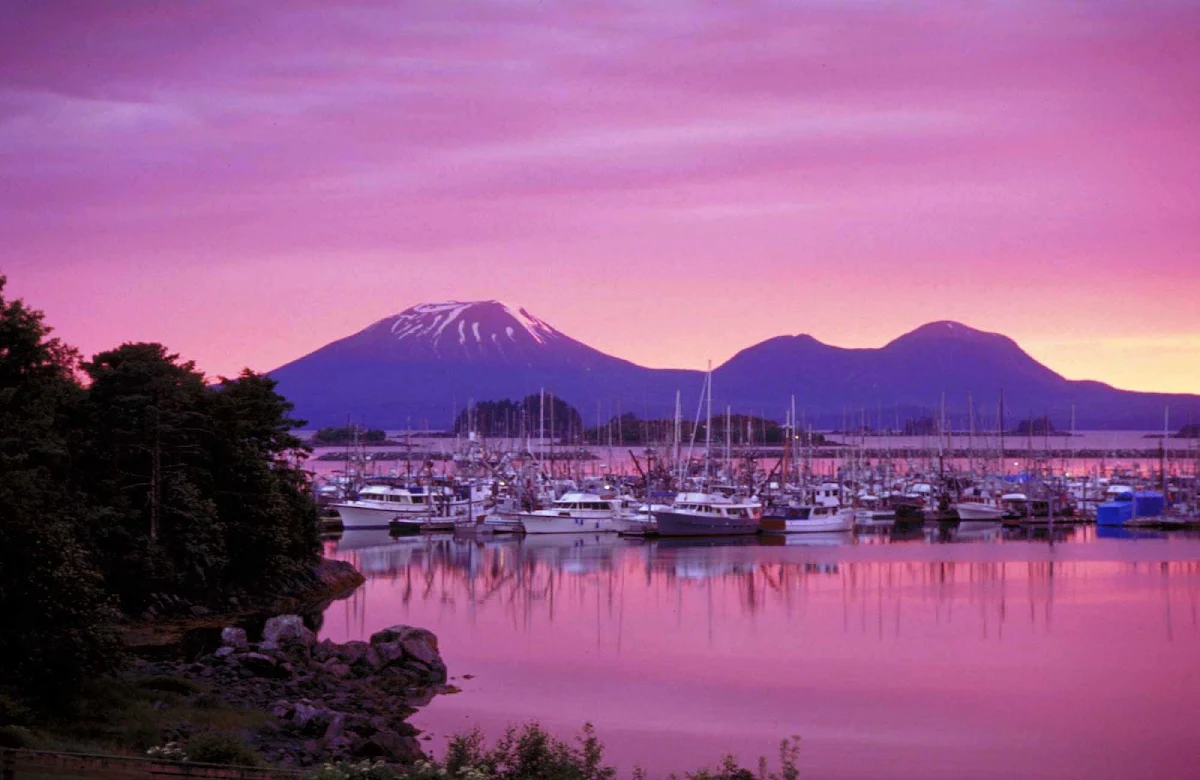 sunset-Sitka-Alaska - Sunset over Sitka Harbor, with Mount Edgecumbe in the background.