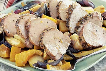 Herbed pork fillet with roast vegetables