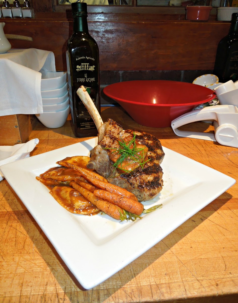 14oz Veal Chop, Marsala Sauce, Baby Carrots, GF Handmade Mushroom Ravioli! Photo from Pane E Vino
