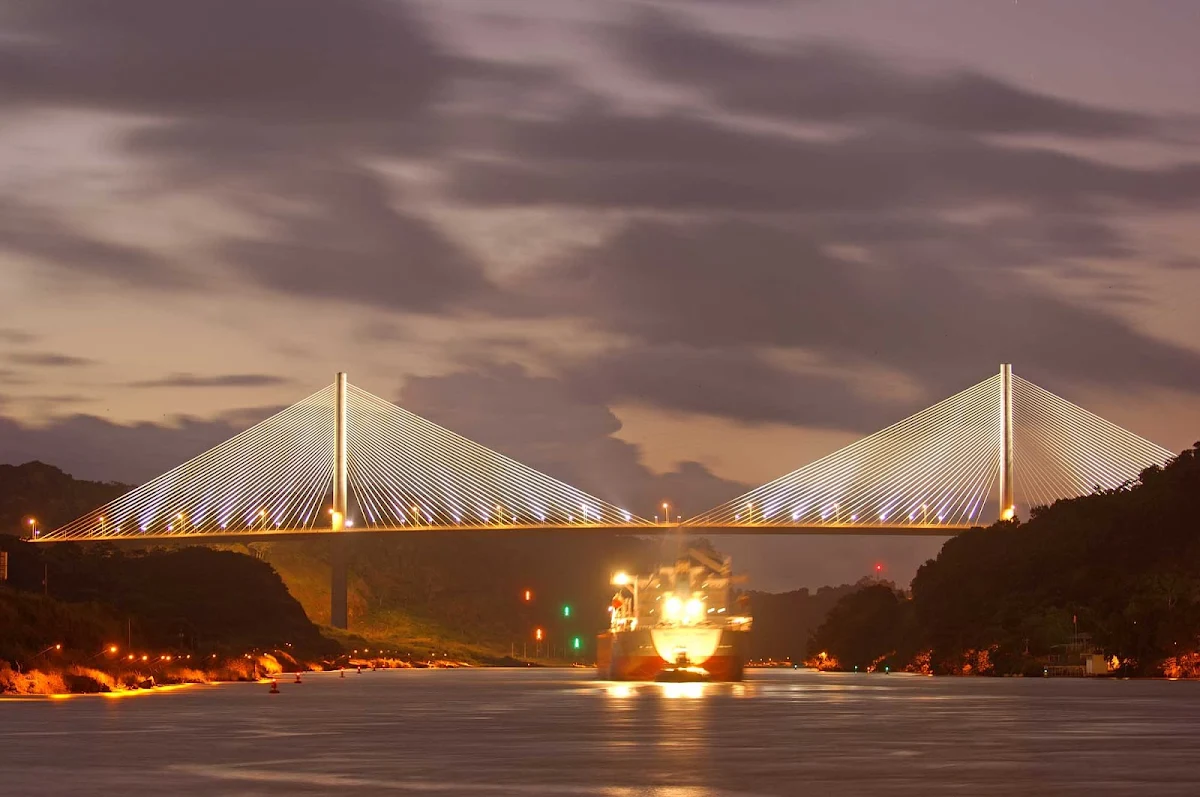 Panama-Centennial-Bridge - The Centennial Bridge, which crosses the Panama Canal near the Pedro Miguel locks, shimmers in the twilight.
