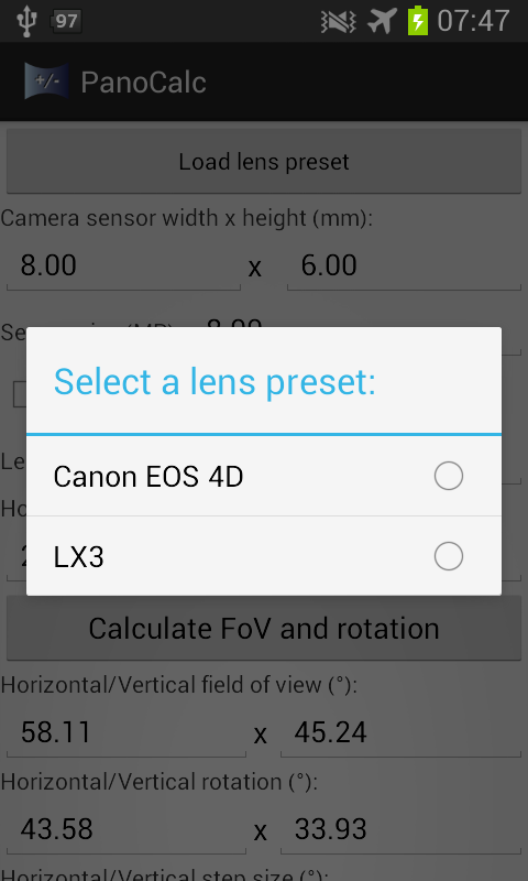 Panorama Calculator Screen 3