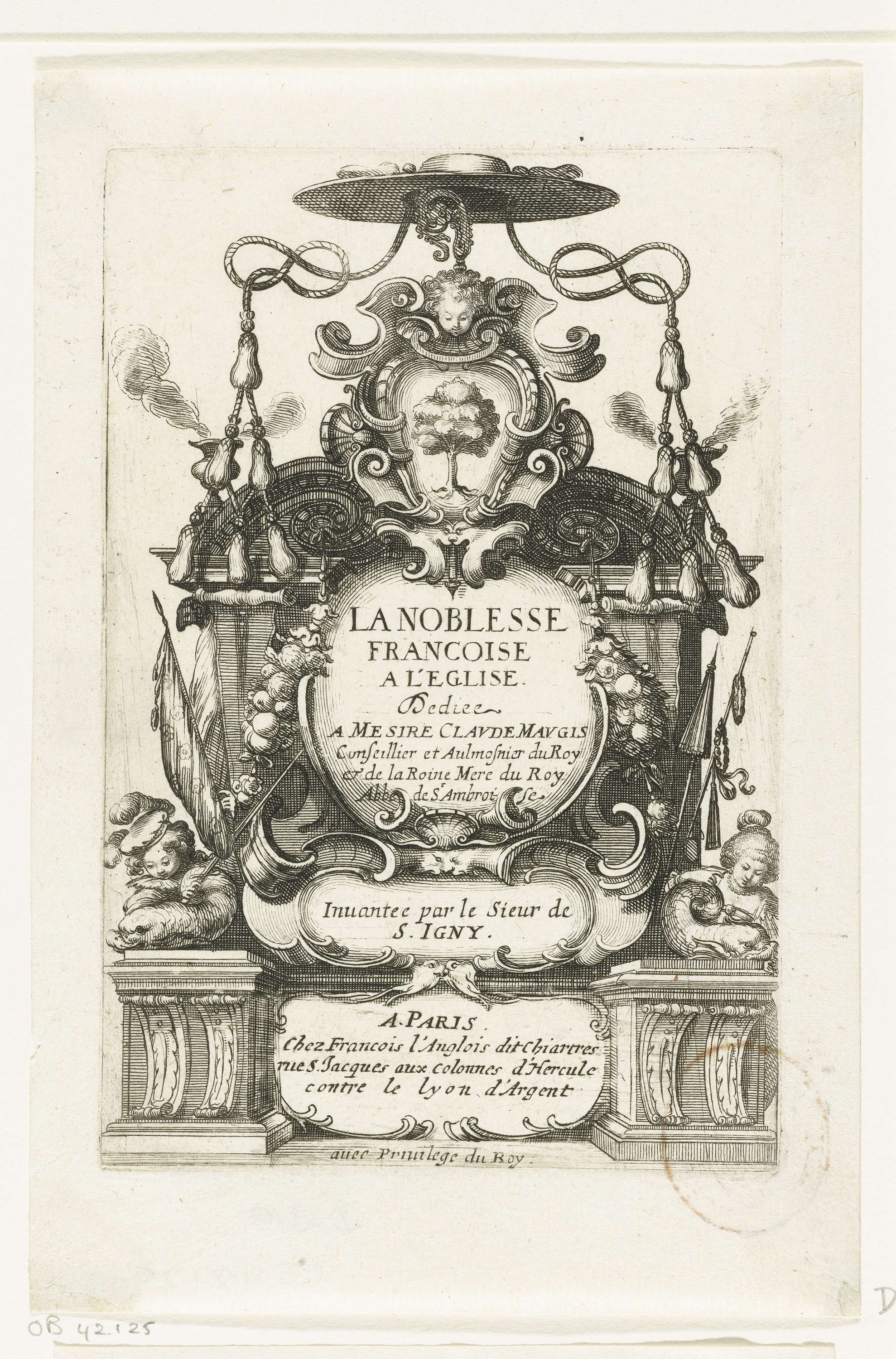 Titelprent met cartouche, kardinaalshoed en het wapen van Claude Maugis