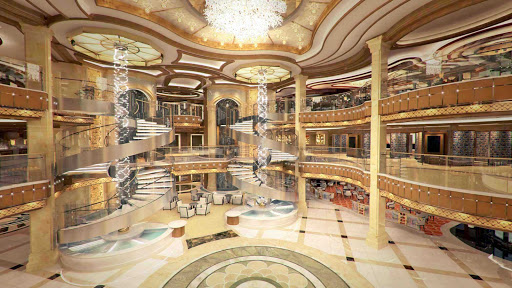 Royal Princess’ large piazza-style atrium, seen from deck 7, features  spiral staircases, dining options that include Gelato and the Ocean Terrace Seafood Bar, and live entertainment from the nearby bar or lounge.