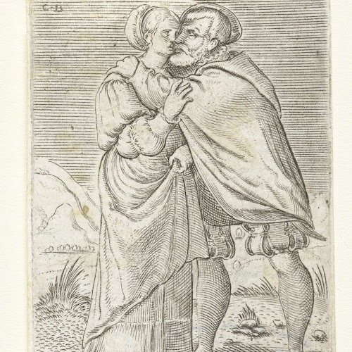 Dansend stel, elkaar kussend, Cornelis Bos, after anonymous, 1546 ...