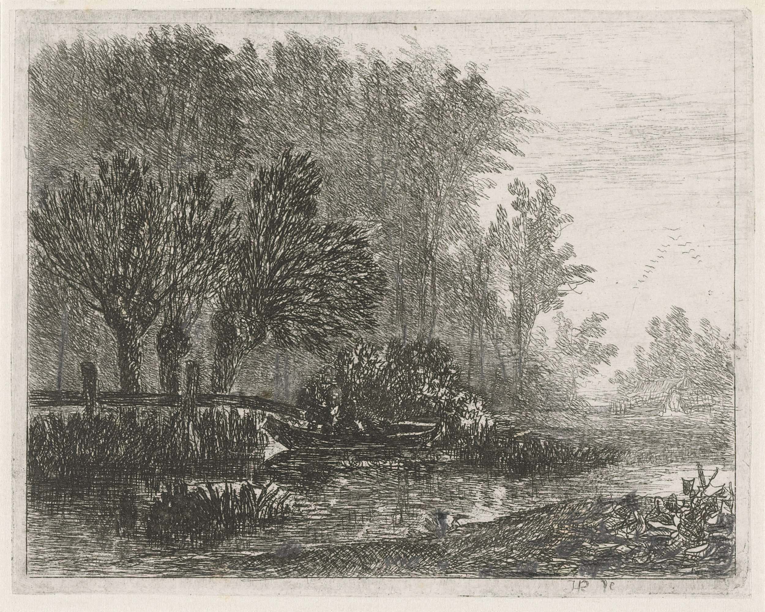 Visser in een boot aan de bosrand
