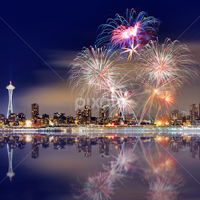Seattle skyline with fireworks by William Lee - City,  Street & Park Skylines
