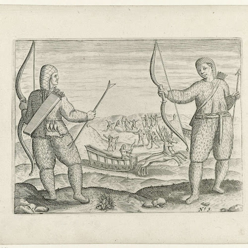 Samojeden met pijl en boog, op de achtergrond een