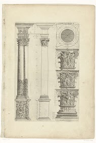 Twee aaneengesloten zuilen, Korintische zuil, plan en opstand van de kapitelen en een voetstuk