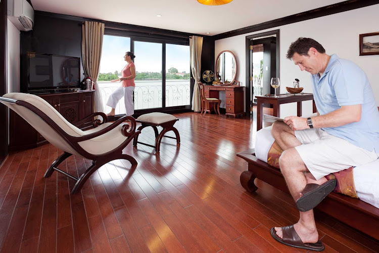 Spread out in a 624-square foot luxury suite aboard AmaLotus with a décor that combines colonial elegance with regional Khmer accents. The suites feature large sitting areas, air-conditioning, mini-bar, safety deposit box and a luxurious bathtub.
