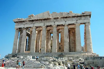 The iconic Parthenon in the Acropolis, Athens, Greece. Construction began in 447 BC when the Athenian Empire was at its height.