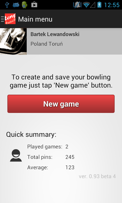 Android application Tenpin Bowling Tracker screenshort