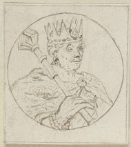 Buste van een gekroonde man met scepter in een cirkel