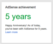 AdSense achievement card on publisher