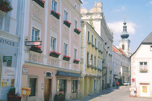 A street scene from Stein an der Donau (Stein on the Danube), near Krems in the Wachau Valley of Austria.